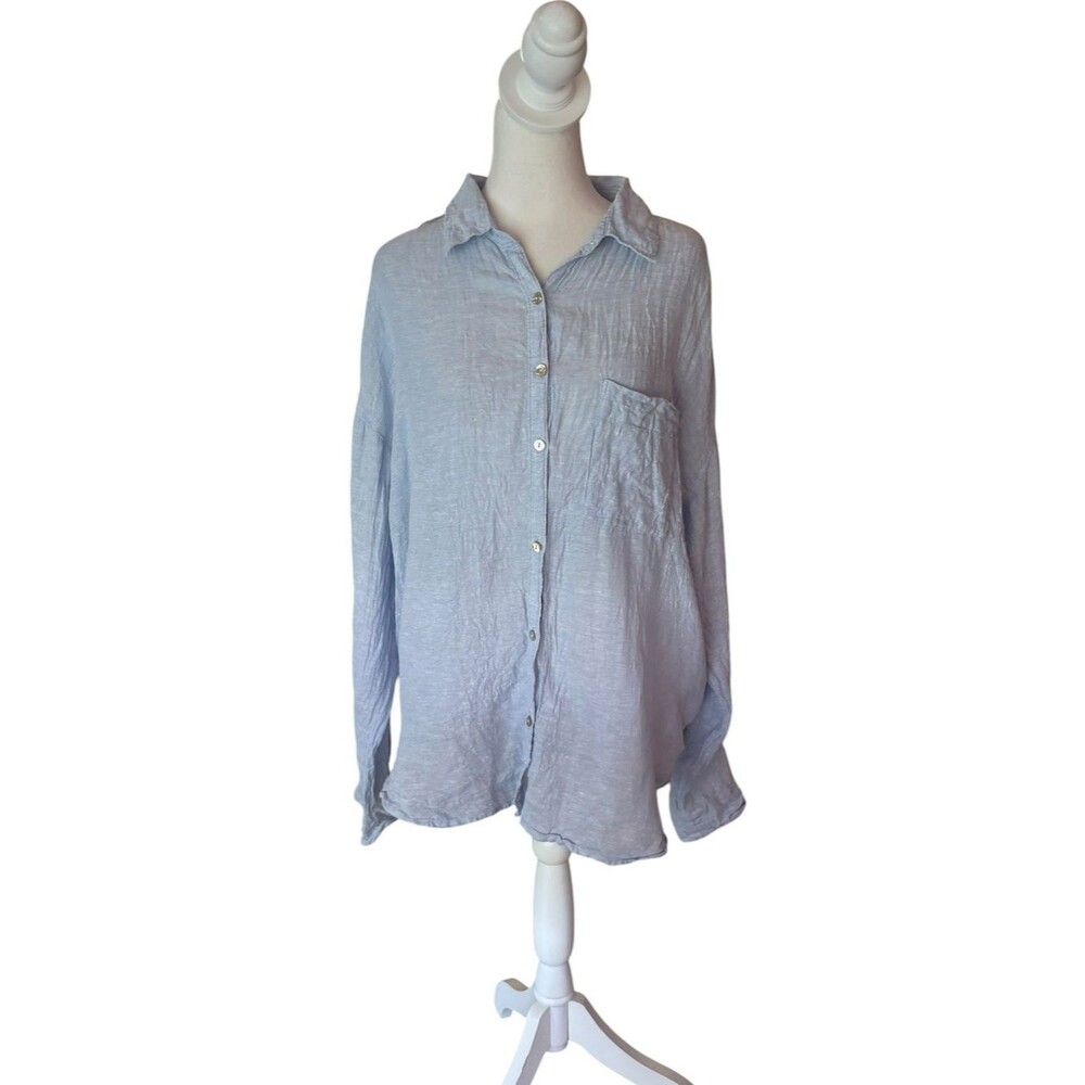Nicole Miller Linen Button Down Shirt Pale Blue Womens Large